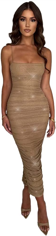 Spaghetti Straps Mesh Sparkle Ruched Clubwear Glitter Maxi Bodycon Dress