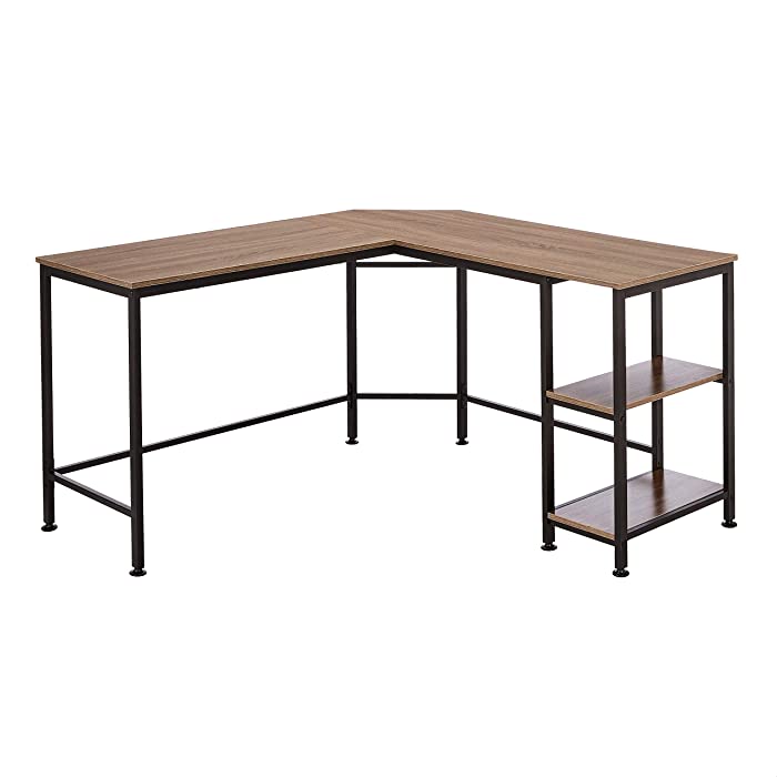 Amazon Basics L-Shape Computer Desk with Shelves for Storage, 54.3 Inch, Espresso with Black Frame