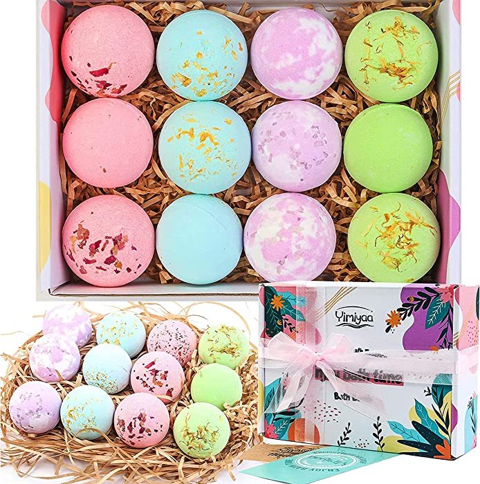 XL 12pcs Bath Bombs Gift Set (2.5oz X 12pcs), Yimiyaa Organic & Natural Handmade Bubble Spa Bath, Essential Oil/Shea Butter/Coconut Oil to Moisturize Dry Skin, Birthday Mothers Day Girls Gifts