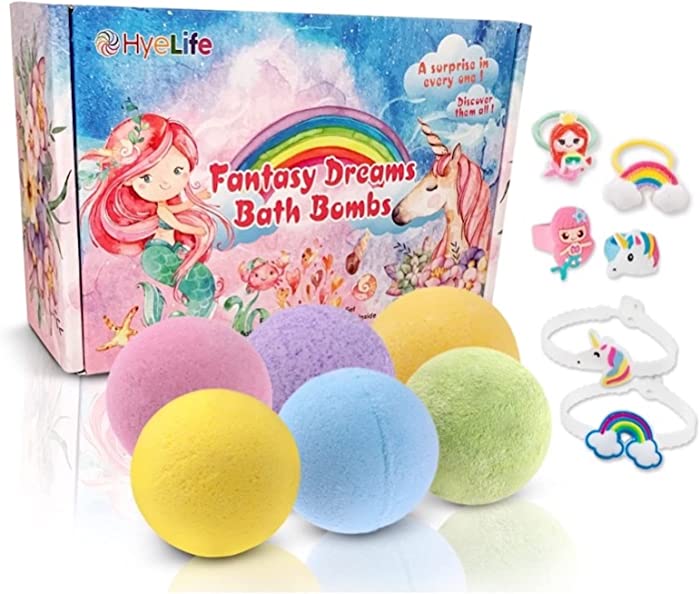 XXL Size Fantasy Dreams Bath Bombs for Kids with Toys Inside, Set of 6 Colorful Bath Bombs with Surprise Inside.