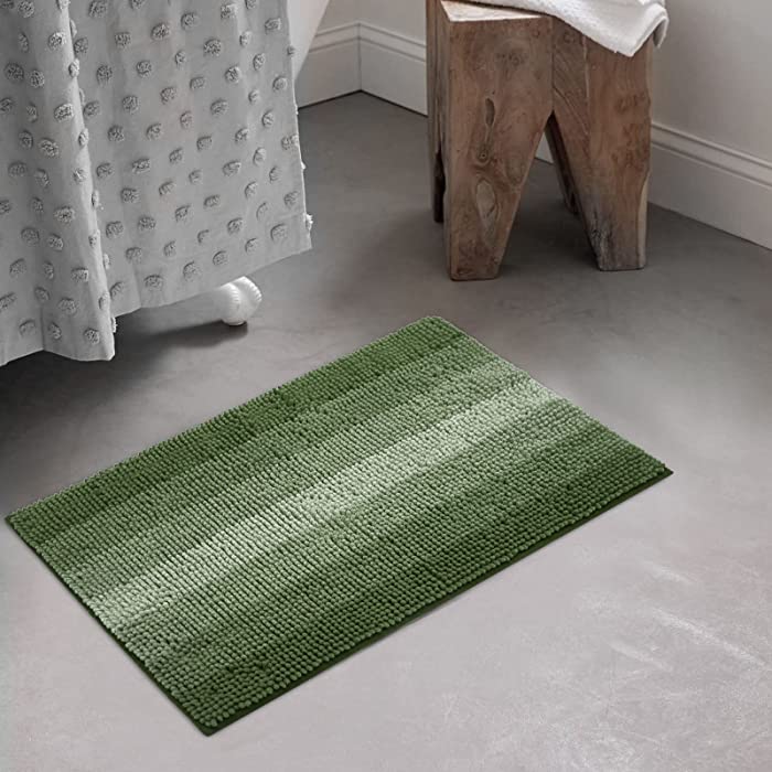 Gibelle Green Bathroom Rugs, Luxury Chenille Bath Mat, Small Non Slip Shower Rug and Bath Room Floor Mats, Machine Washable, Quick Dry Bathmat, Soft Cozy Plush Carpet for Tub, 16" x 24"