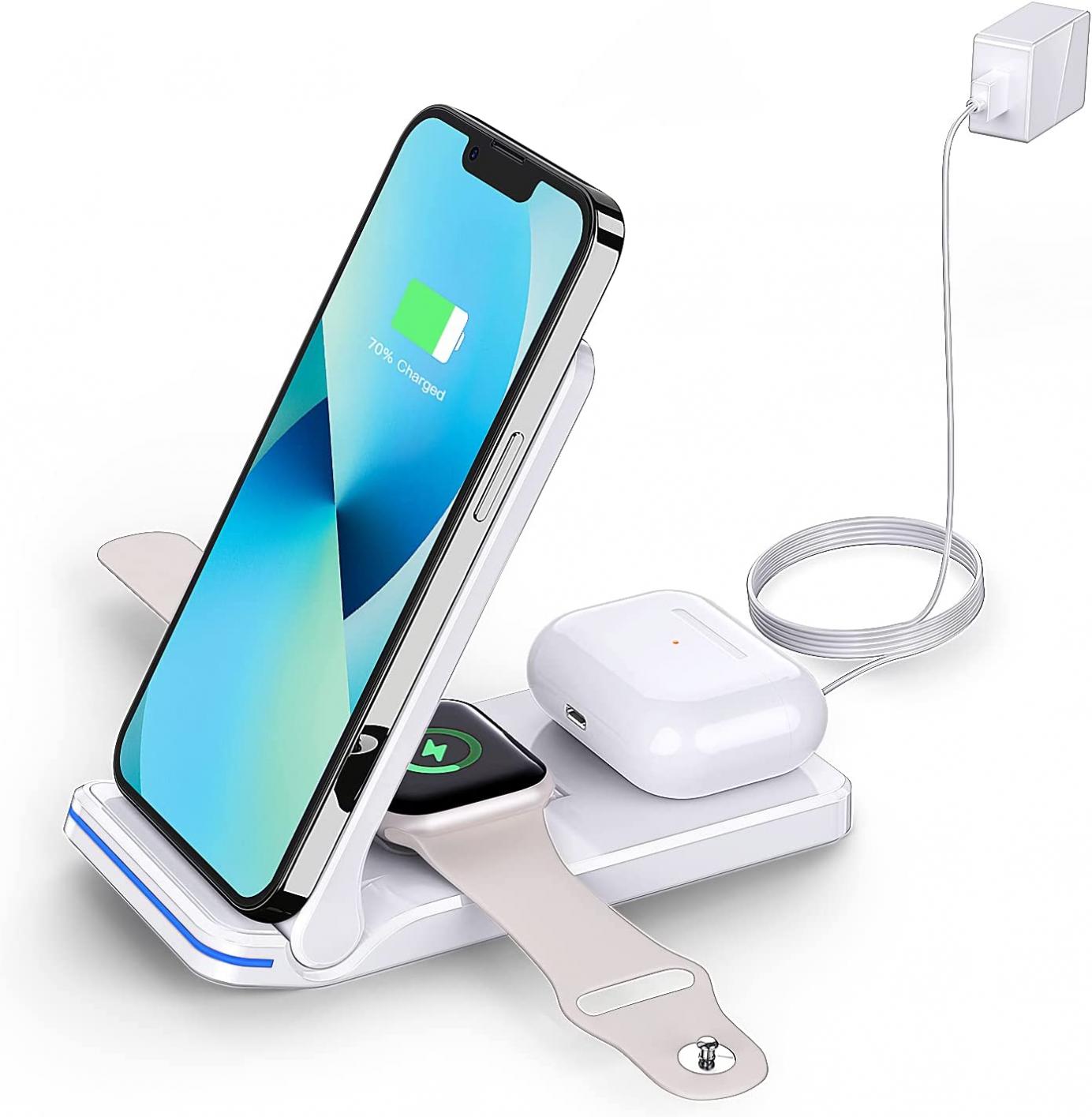 Wireless Charger, Wireless Charging Station for iWatch, AirPods pro/2/3, 3 in 1 Foldable Wireless Charging Stand for iPhone 14/13/12/11/Pro Max/X/XR/XS Max/8/Plus with Adapter (White)