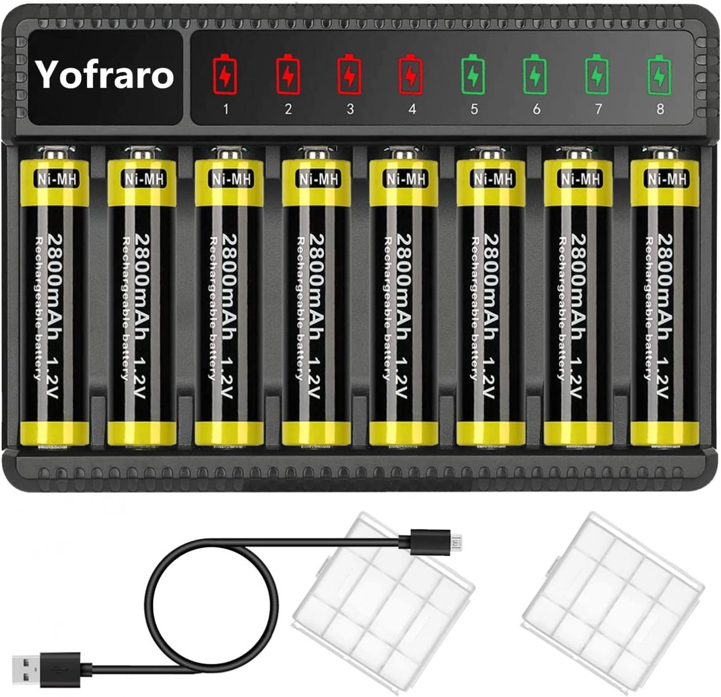 AA Batteries Rechargeable, Yofraro 8-Pack 2800mAh 1.2V Pre-Charged NiMH aa Rechargeable Batteries and AA & AAA Battery Charger