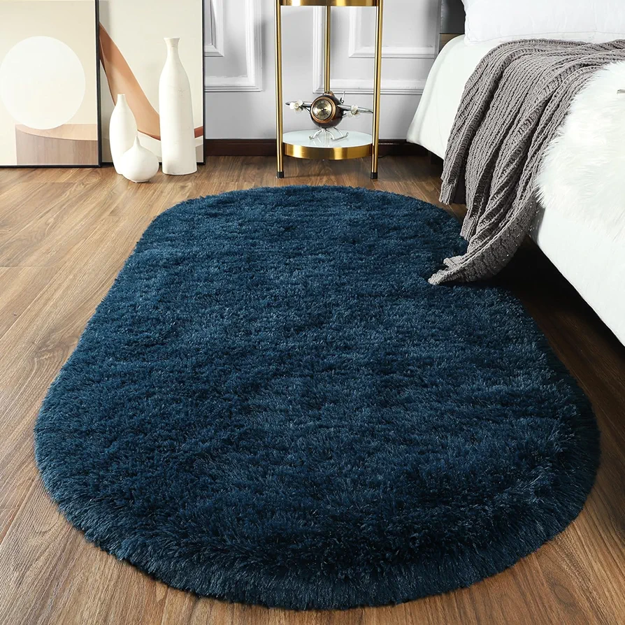 Softlife Fluffy Rugs for Bedroom, Shag Cute Area Rug for Girls/Boys and Kids Baby Room Home Decor, 2.6 x 5.3 Feet Oval Indoor Carpet for Nursery Dorm Living Room, Navy Blue