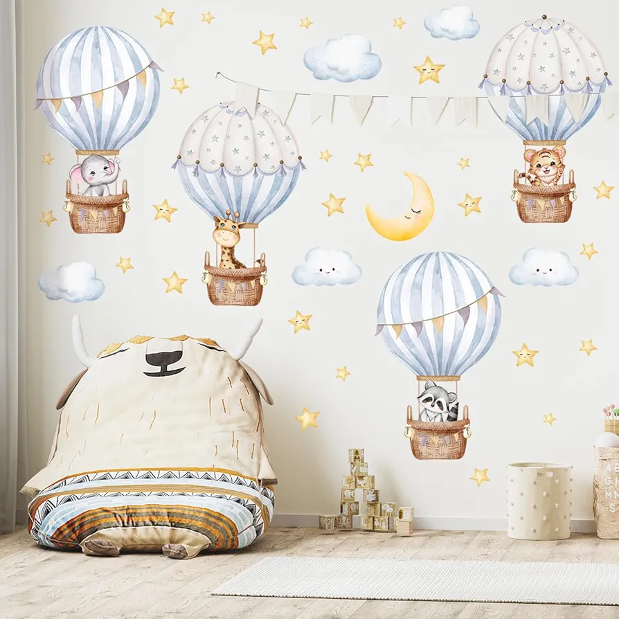 Hot Air Balloon Wall decal，Animals Hot Air Balloon Wall Decals，Balloons Elephant Wall Stickers，white cloud wall decoration Baby Nursery Girls Bedroom Toddler Room Wall Decor