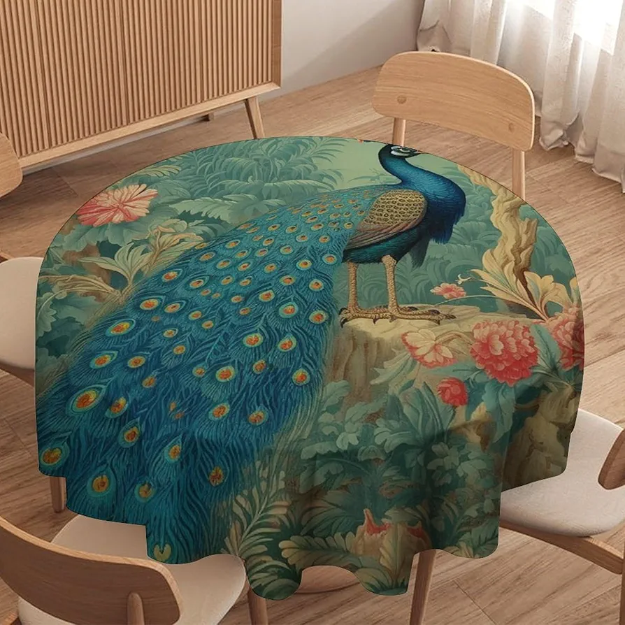 Chinoiserie Peacock Bird Floral Round Tablecloth Aqua and Green Red Asian Table Cloth 70x70in Table Cover Outdoor Washable Polyester Table Decor for Dining Room Party Picnic