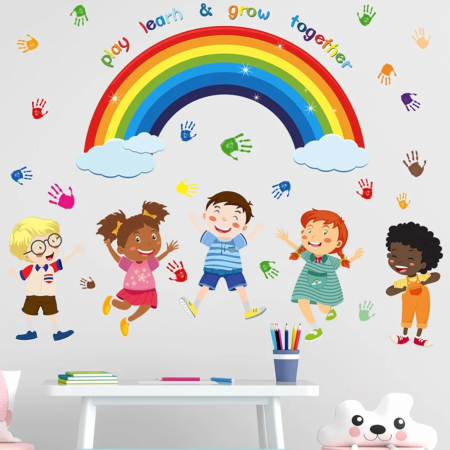 Play Learn & Grow Together Wall Stickers - Inspirational Quotes Rainbow Wall Decals - Baby Nursery Kids Room Daycare Playroom Classroom Wall Decor