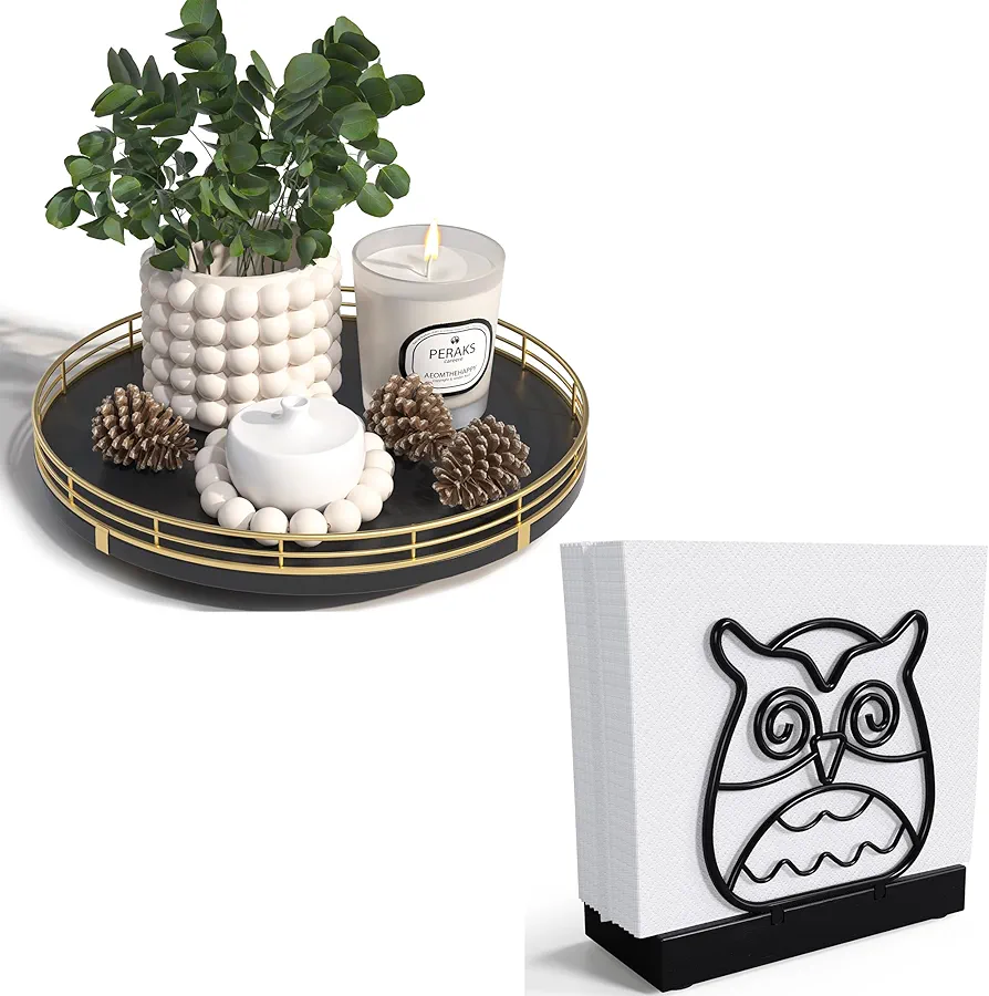 10" Oak Wood Lazy Susan Black and Gold + Oak Owl Napkin Holder for Table Black