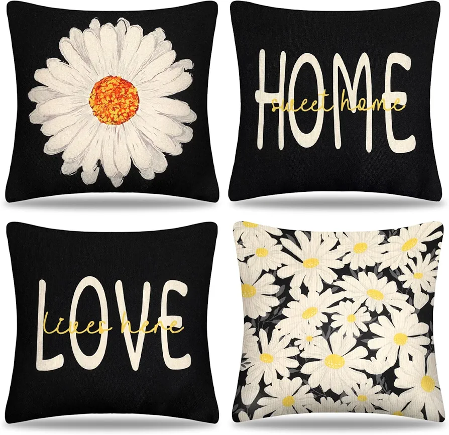 Outdoor Pillow Covers Daisy Floral Flower Decor Spring Summer Couch Farmhouse Boho Throw Pillow Case Linen Pillowcases for Sofa Living Room Patio Home Decor Black, 18x18 Inch, Pack of 4