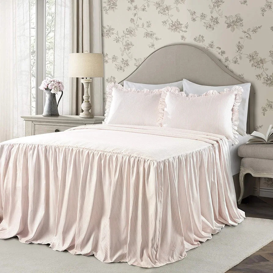 Lush Decor Lush Décor Ticking Stripe Bedspread Blush Vintage Chic Farmhouse Style Lightweight 3 Piece Set Queen,