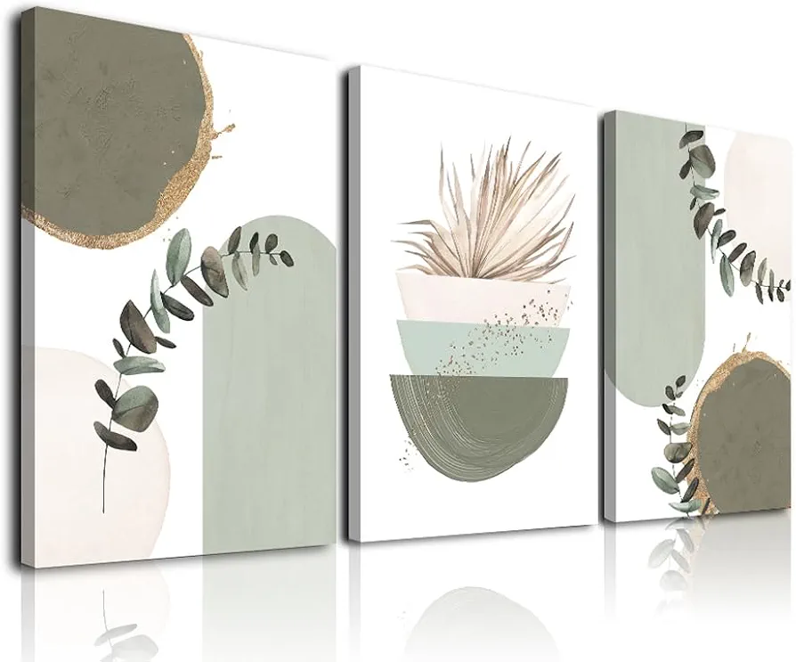 Sage Green Boho Wall Art, KBKBART Modern Nordic Green Wall Decor, Minimalist Watercolor Leaf Framed Canvas Print Paintings, Abstract Sage Green Boho Room Decor for Living Room Bedroom Bathroom Office