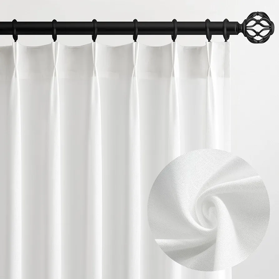 Topfinel Neutral White Linen Curtains 96 Inches Long for Living Room,Pinch Pleated with Heading Tape Hooks Light Filtering Semi Sheer Lightweight Curtains for Bedroom 96 Length 8ft two panels Set