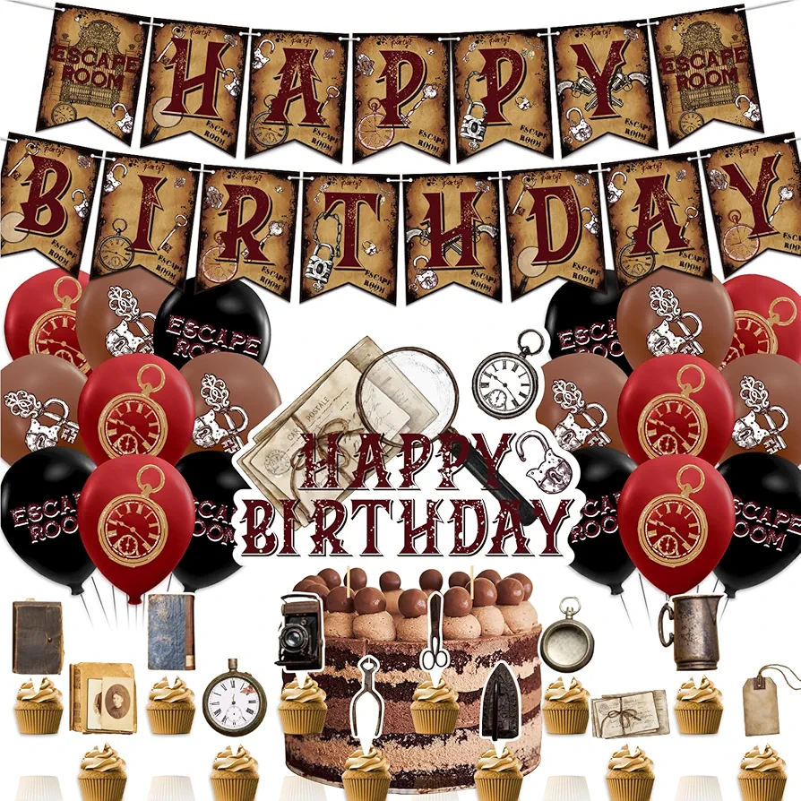 Escape Room Birthday Party Decorations Mystery Escape Room Party Supplies Includes Happy Birthday Banner Cake Topper Cupcake Toppers Balloons