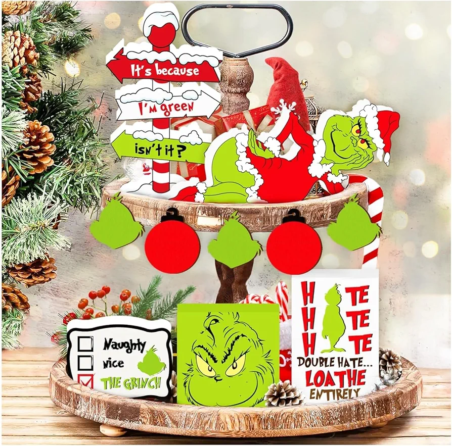 Christmas Tiered Tray Decorations Set - Green Gnome Christmas Decorations Table Centerpieces Wooden Ornaments for Home Living Room Table Xmas Decorations Indoor Holiday Decor