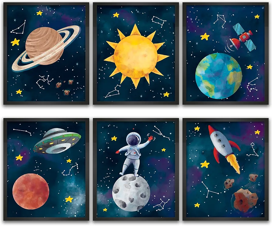 Outer Space Posters for Boys Room Decor - 8x10 Inches Unframed Set of 6 Wall Art - Watercolor Prints for Nursery Kids Toddlers Teens Girls Bedrooms