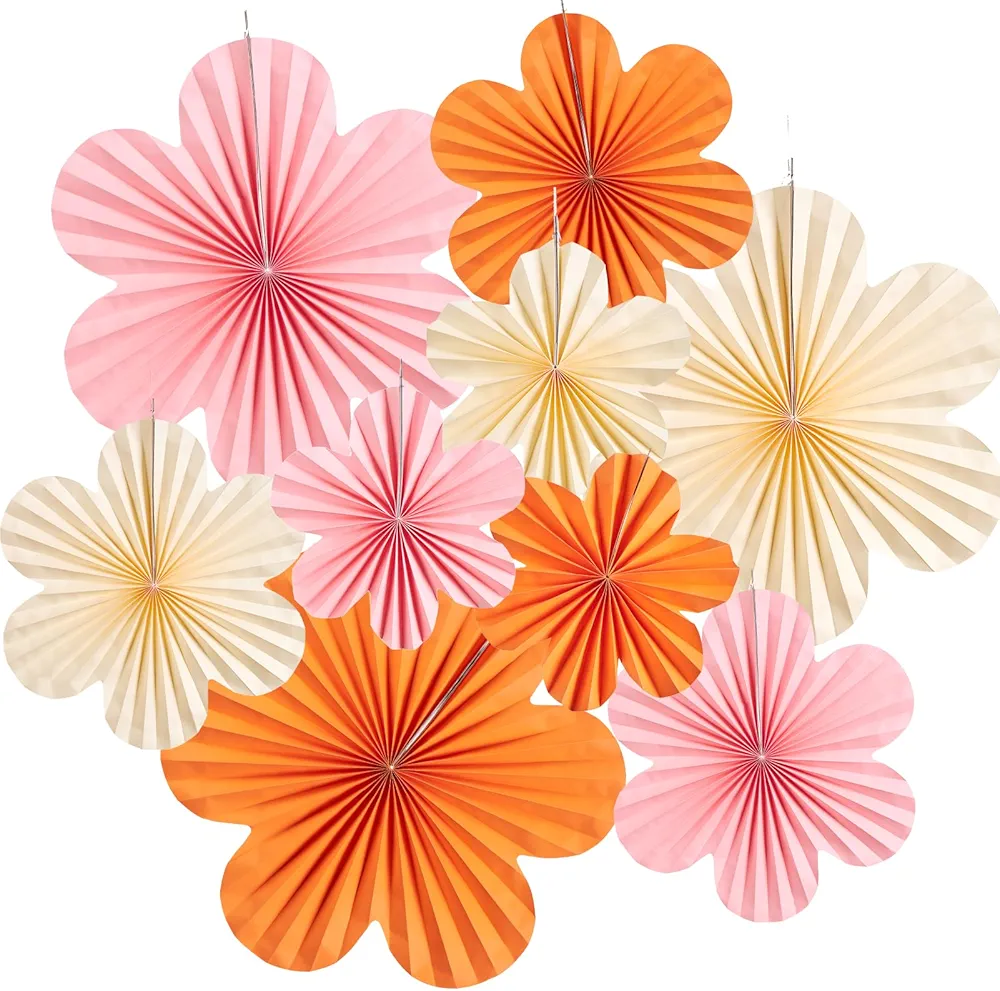 Paper Flowers Decorations for Wall Orange Paper Fans Classroom Decoration Paper Floral Backdrop Decor Paper Fans Decoration Hanging Paper Fans Pink Flower Wall Decor, Set of 9