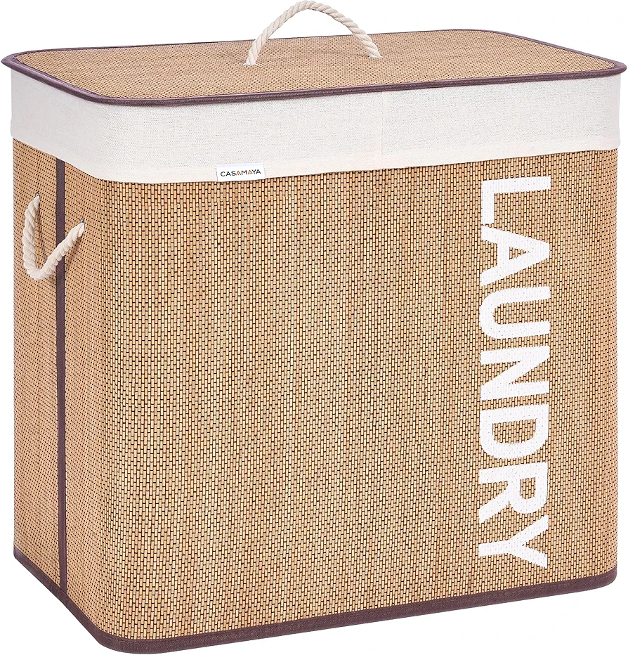 Laundry Basket, 33.6 Gal (127L) Bamboo Laundry Hamper with 2 Section, Hamper with lid, Foldable, Removable and Machine Washable Liner, for Laundry Room, Bedroom, Natural LHB127Y01