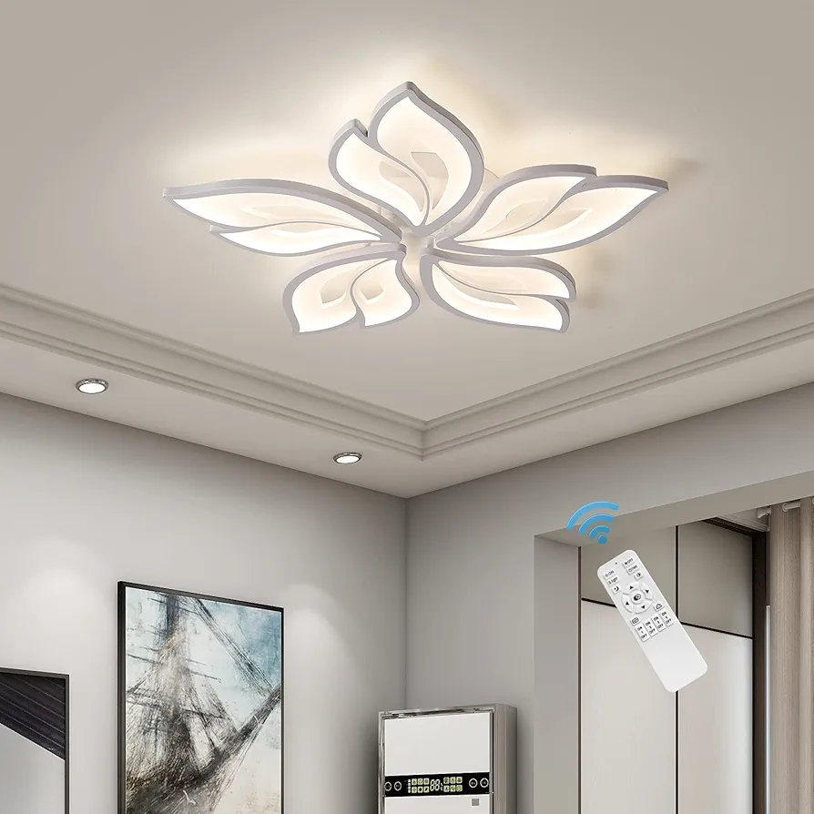 Garwarm Modern Ceiling Light,23.6” Dimmable LED Chandelier Flush Mount,Remote Control Acrylic Leaf Lamp Fixture for Living Room Dining Room Bedroom 60W