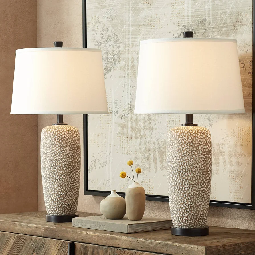 360 Lighting Anna 27 1/4" Tall Modern Coastal Table Lamps Set of 2 Beige Pebbled Fabric White Shade Living Room Bedroom Bedside Nightstand House Office Home Reading Kitchen Entryway Console Family