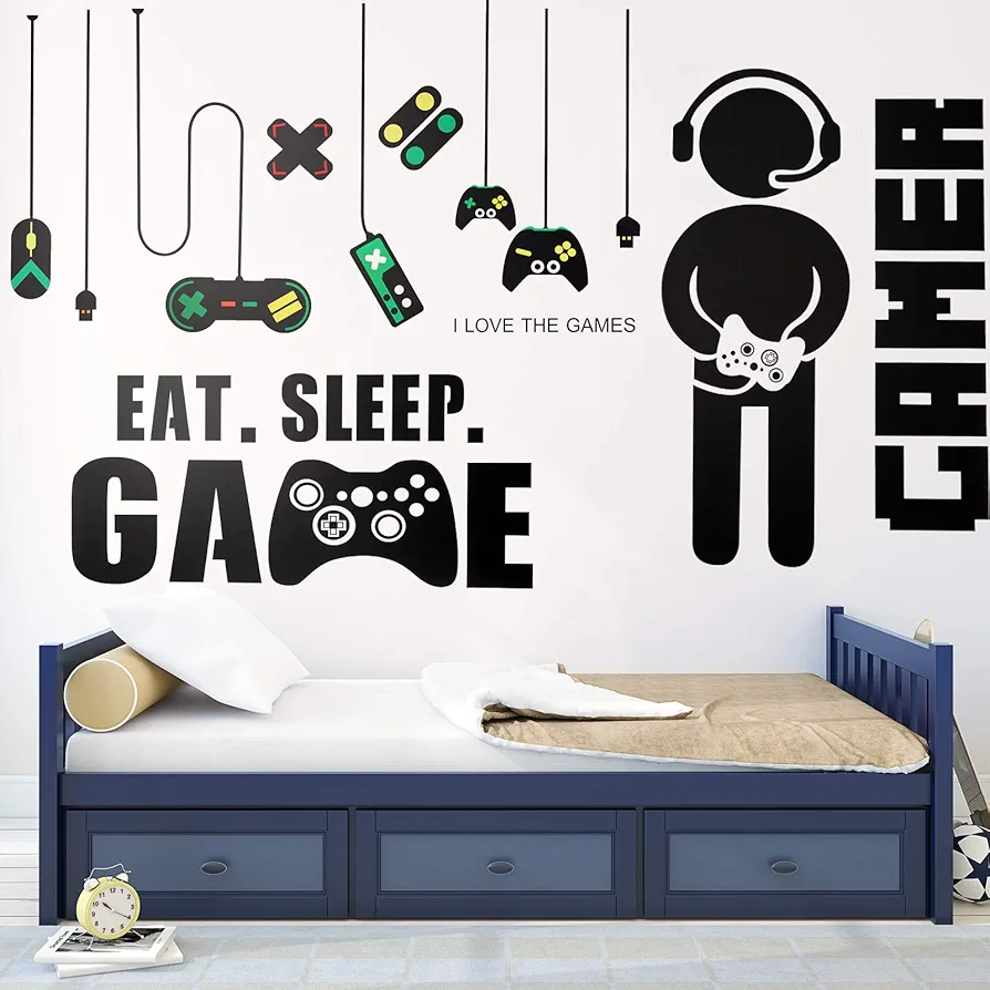 3 Sheets Game Wall Stickers Video Game Wall Decals, Vinyl Gaming Wall Stickers Eat Sleep Game Wall Decal for Boys Kids Men Bedroom Home Playroom (Separated Game Boy Style)