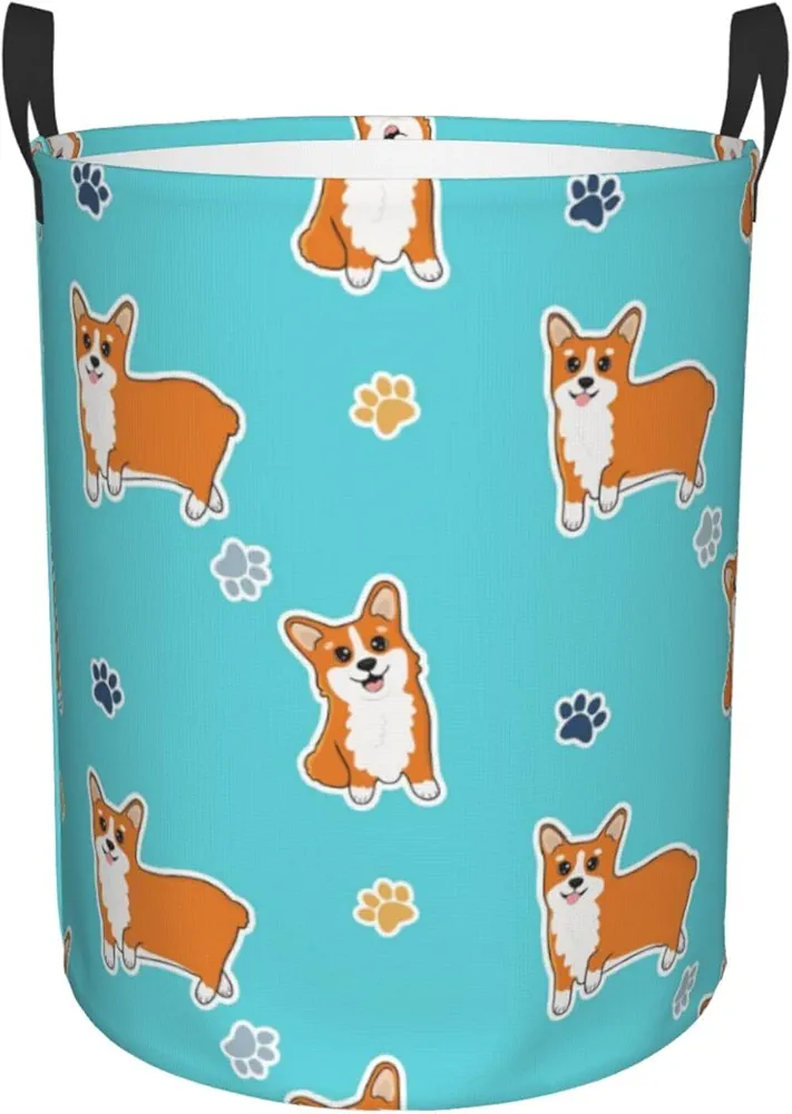 Corgi Dogs Paw Print Laundry Basket Waterproof Foldable Laundry Hamper with Durable Handle Circular Storage Basket Dirty Clothes Bag for Household Bedroom Bathroom Living Room