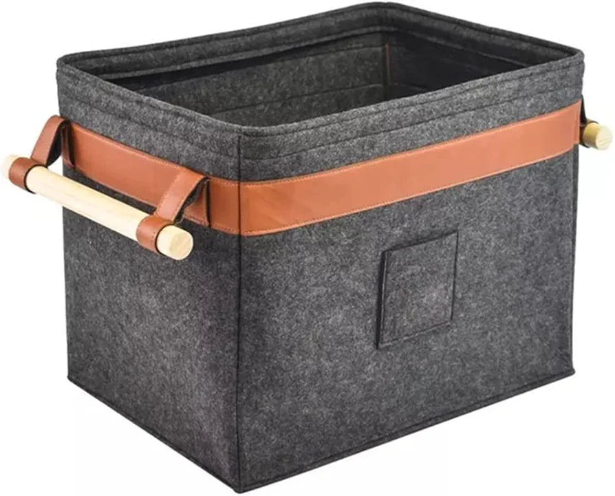 Large Felt Storage Basket with wood handles Perfect for Laundry, Toys, Shoes, Nursery, firewood and Living Room Organization (Square-1pcs)