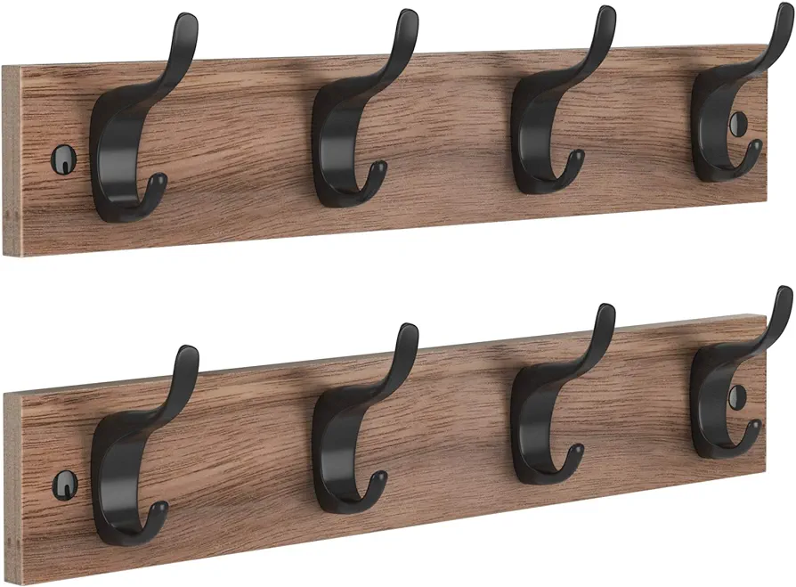 AMADA HOMEFURNISHING Coat Rack Wall Mount 2 Packs, Entryway Coat Hat Hanger with 4 Wall Hooks for Wall Organized and Storage in Living Room, Bedroom Wooden AMCR03