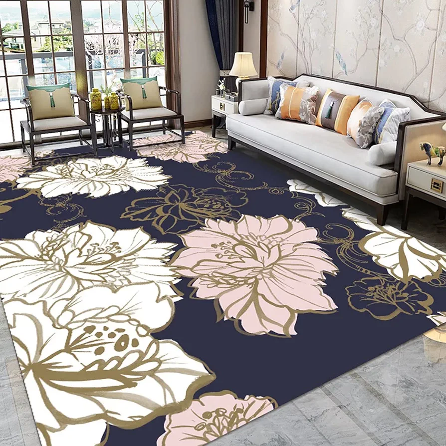 Modern Floral Print Area Rug Bohemian 3D Flowers Throw Rugs Living Room Floor Carpets Non Shedding Mats for Home Office Kitchen,4'x6'