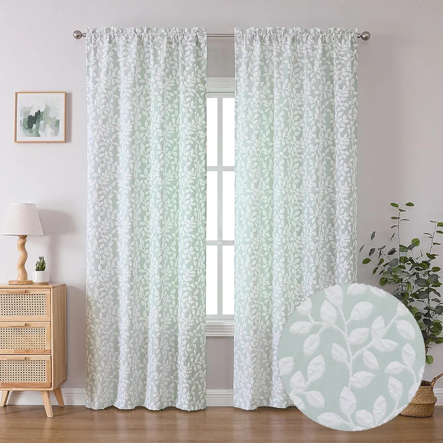 Anna White Green Curtains 84 Inch Length 2 Panels, Light Filtering 3D Embossed Textured Leaf Pattern Curtain Drapes for Bedroom Living Room, Each 42Wx84L Inches