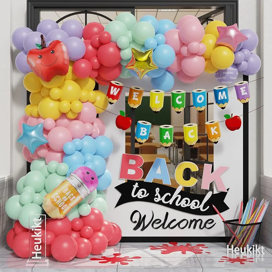 159pcs Welcome Back To School Balloon Garland Arch Kit, Macaron Colorful Rainbow Balloons Pencil Stars Foil Balloons with Welcome Back Banner for First Day of School Classroom Graduation Party Decor