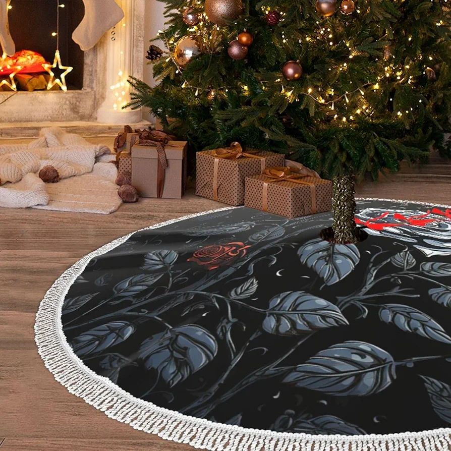 30" Christmas Tree Skirt with Tassel Rose Gothic Xmas Tree Skirts Tassel Tree Mat Ornament for Home Indoor Outdoor Room Holiday Decoration