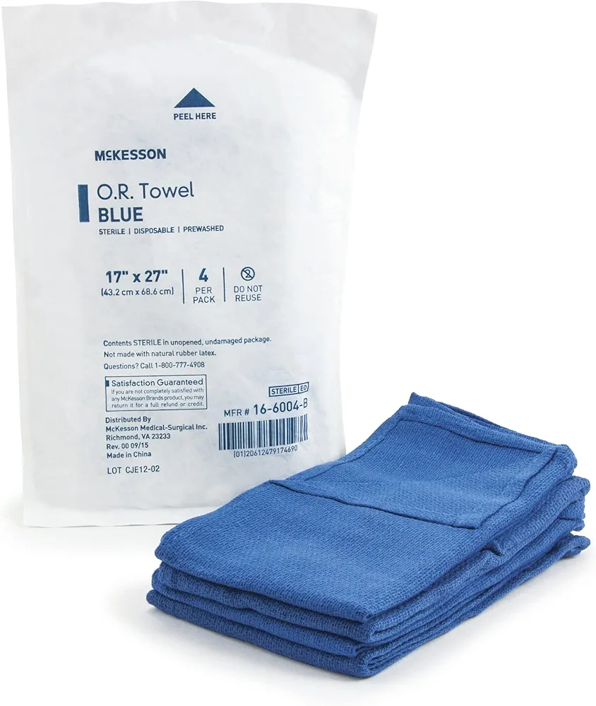 McKesson Operating Room Towels, Sterile, Disposable, Pre-Washed, Blue, 17 in x 27 in, 4 Towels per Pack