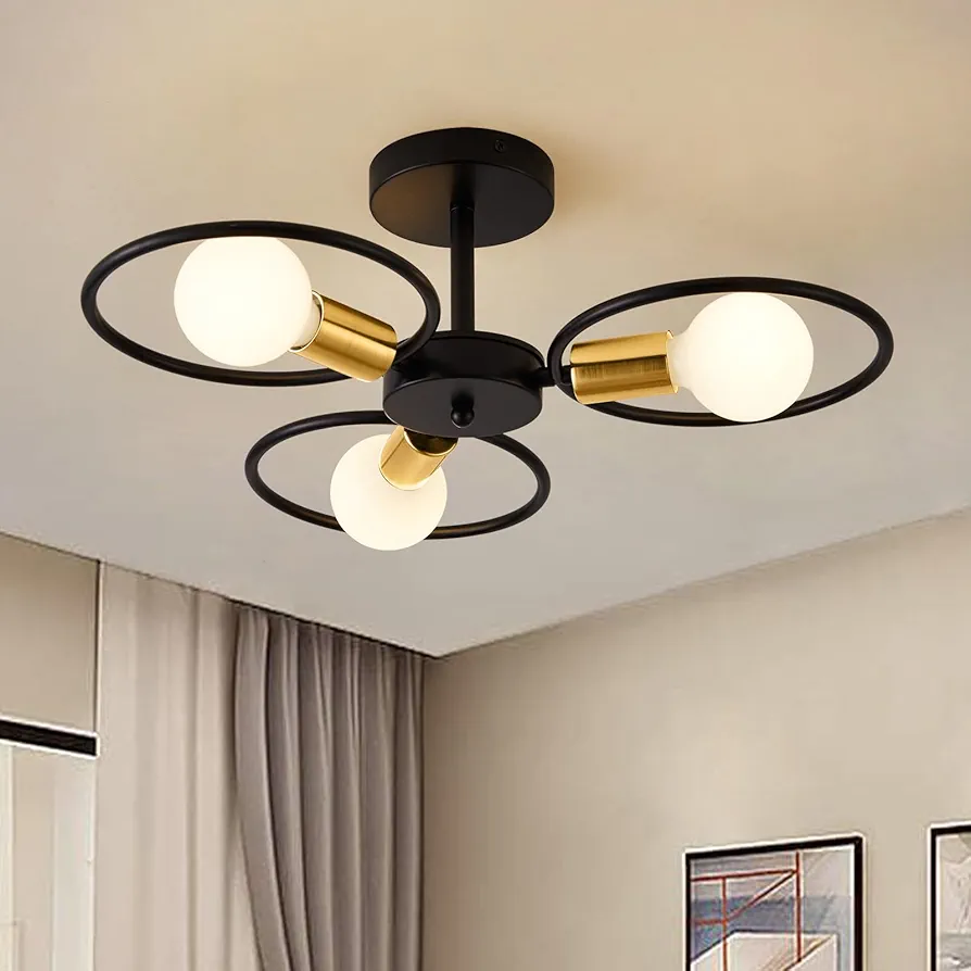 Modern Sputnik Chandelier 3-Light Semi Flush Mount Ceiling Light Fixture Black and Gold Chandelier Ceiling Light with E26 Base Sputnik Lights Fixture for Dining Room Bedroom Hallway Living Room