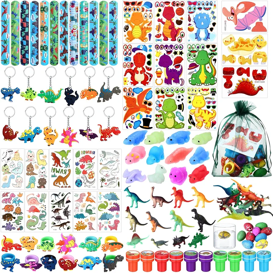 Capoda 132 Pcs Dinosaur Party Favors Dinosaur Birthday Party Supplies Dino Slap Bracelets Stickers Dinosaur Eggs Figures Keychains for Boys Girls Dinosaur Pinata Gifts Bags Fillers Classroom Prizes