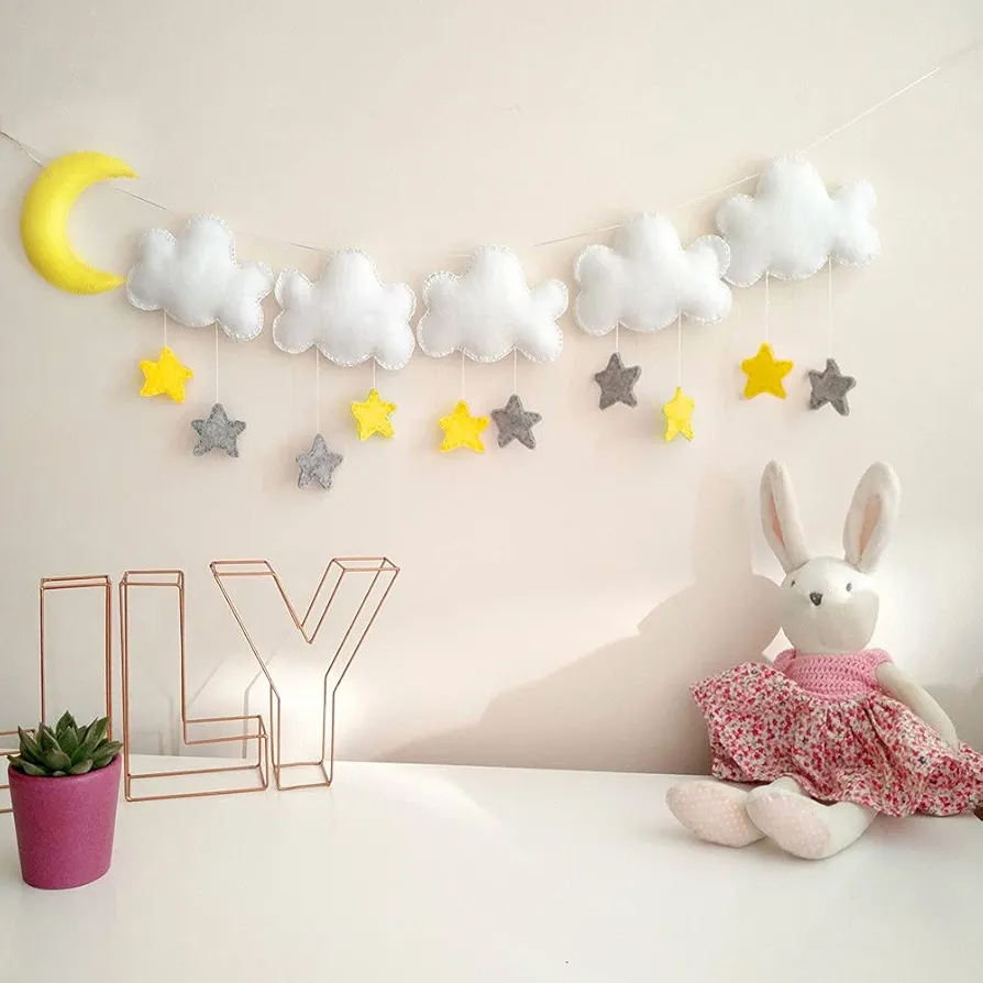 5ft Felt Cloud Star Wall Hanging Decoration (Set of 1) Clouds Stars Moon Garland for Kids Bedroom Living Room, Baby Shower Party Supplies, Sky Theme String Garlands for Nursery Decor