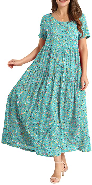 YESNO Women Casual Loose Bohemian Floral Dress with Pockets Short Sleeve Long Maxi Summer Beach Swing Dress EJF