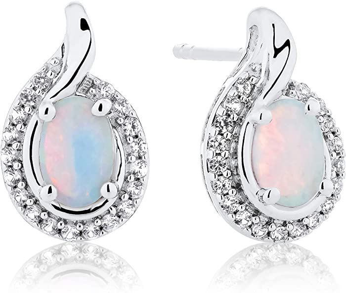 .925 Sterling Silver, Oval Lab-Grown White and Pink Opal Cabochon & Lab-Grown White Sapphire 1/3" Halo Teardrop Stud Earrings