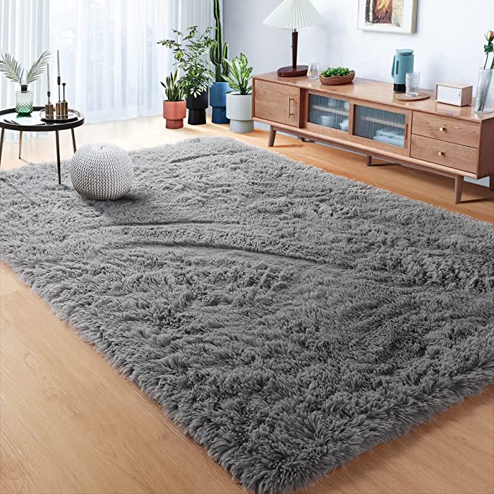 RUGVANE Grey Fluffy Area Rug 4x6 for Bedroom,Super Soft Rug for Living Room Decor,Fuzzy Rug for Baby Boy Girl Dorm Room,Shaggy Rug for Nursery Room,Plush Carpet for Playroom,Rectangle,Gray Furry Rug