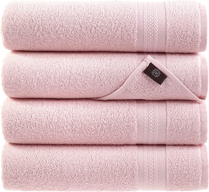 All Design Pink Bath Towels 27" x 54" Quick-Dry High Absorbent 100% Turkish Cotton Towel for Bathroom, Guests, Pool, Gym, Camp, Travel, College Dorm, Shower (Pink, 4 Pack Bath Towel)