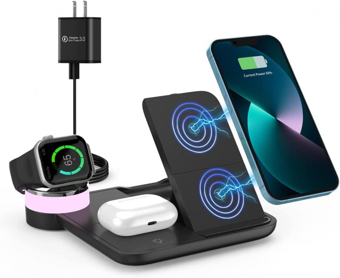 Wireless Charger, 4 in 1 Fast Wireless Charging Station Compatible with iPhone 14/13/12/11/Pro/XS/XR/X/SE/8/8 Plus, 18W Wireless Charger Stand Dock for Apple Watch Series7/ 6/5/4/3/2/ AirPods…