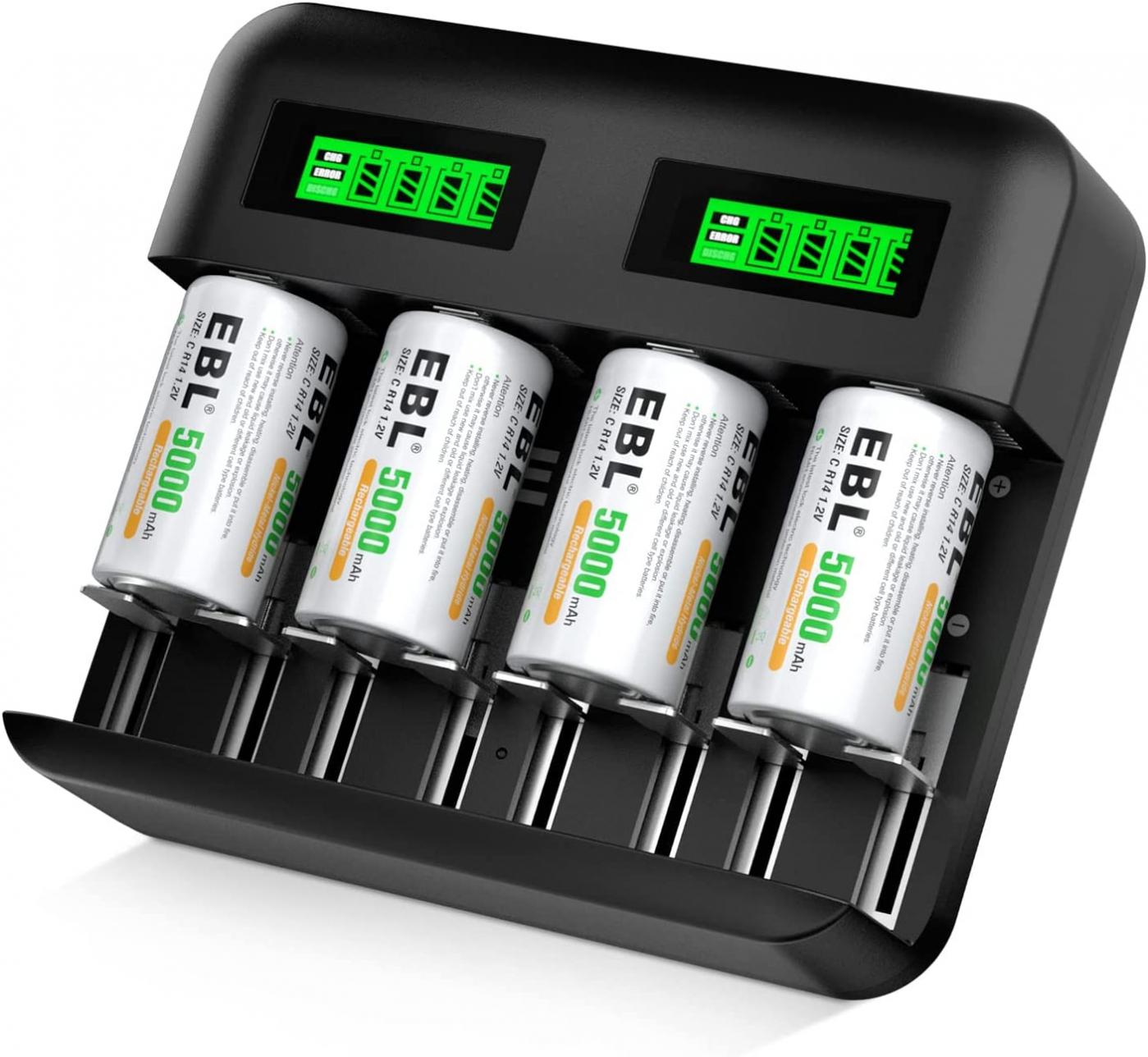 EBL Rechargeable C Batteries (4 Pack) and LCD Rechargeable Battery Charger for Ni-MH AA AAA C D Rechargeable Batteries