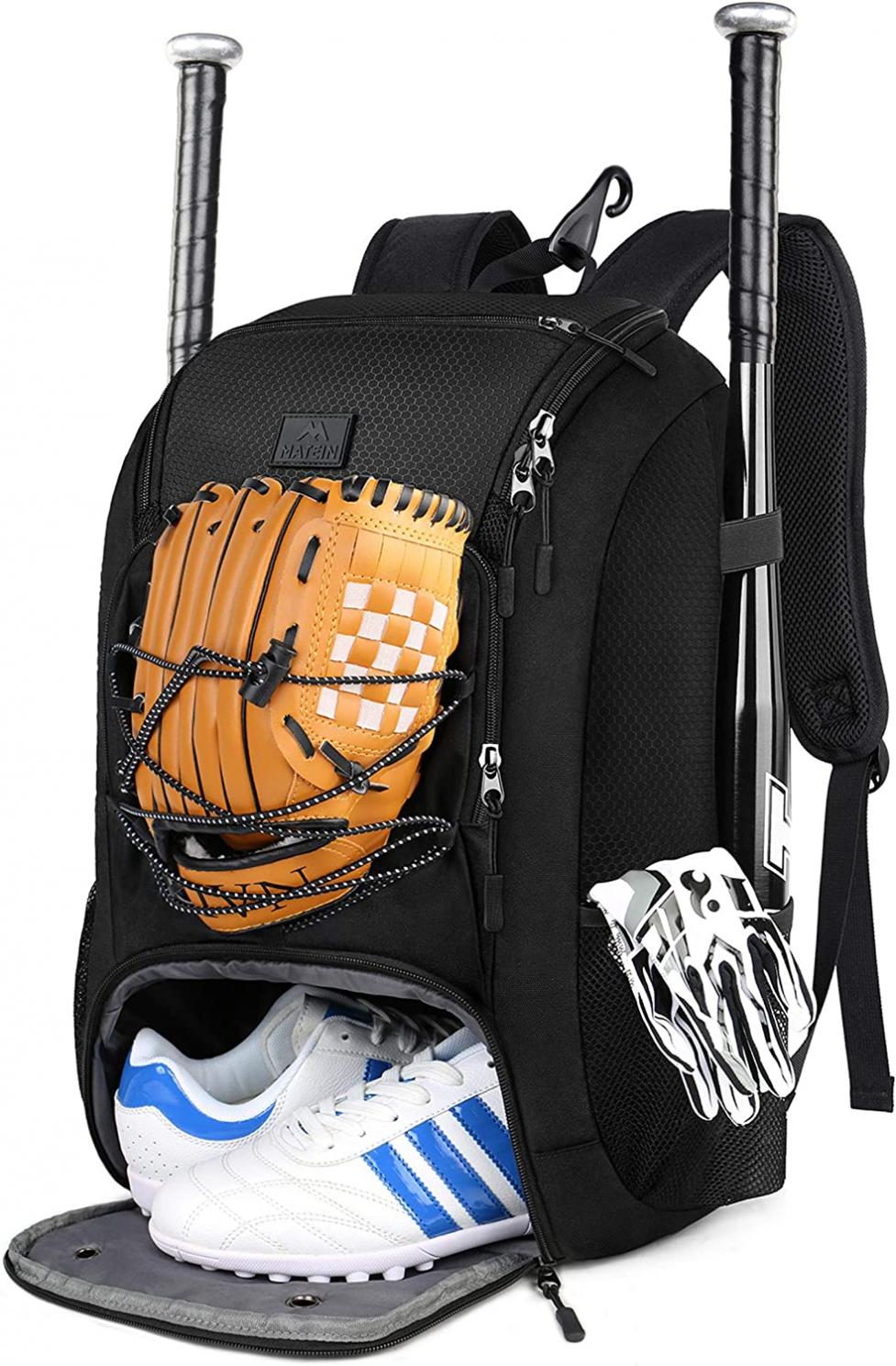 MATEIN Baseball Backpack, Softball Bat Bag with Shoes Compartment for Youth, Boys and Adult, Lightweight Baseball Bag with Fence Hook Hold TBall Bat, Batting Mitten, Helmet, Caps, Teeball Gear