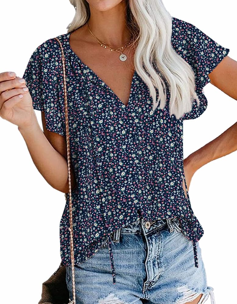 SimpleFun Women's Boho Tops Floral V Neck Short Sleeve Summer Blouse Shirts