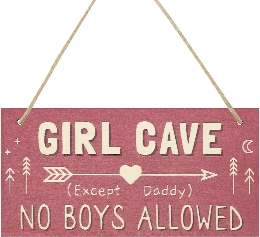 Girl Cave Sign Wooden Plaque Hanging No Boys Allowed (Except Dad) Teen Girl Kids Bedroom Living Room Wall Decor Cute Pink Wall Decor for Bedroom Kids Room