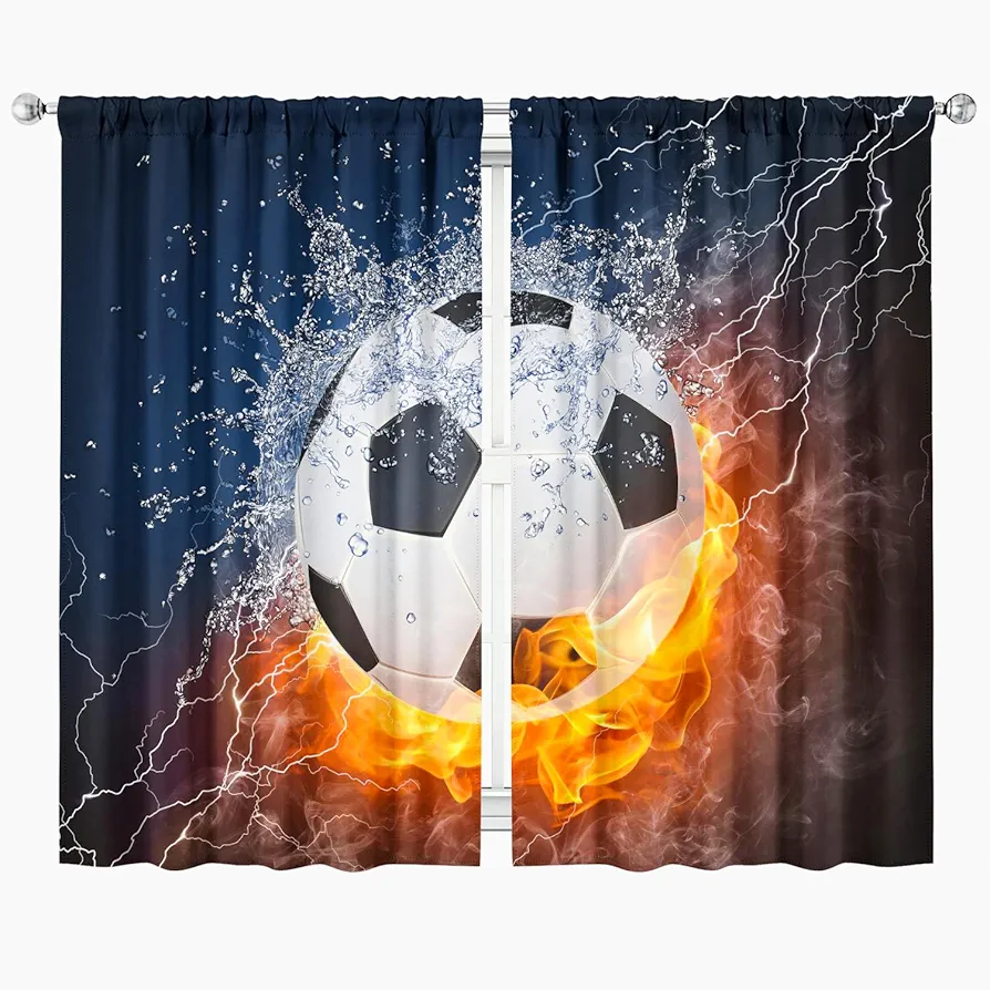 Cool Soccer Kids Boys Bedroom Window Curtains,Football Sports Theme Living Room Decor Drapes,Fire Ice Water Ball Girls Blackout 2 Panel Set,Rod Pocket 41" Wx63 L