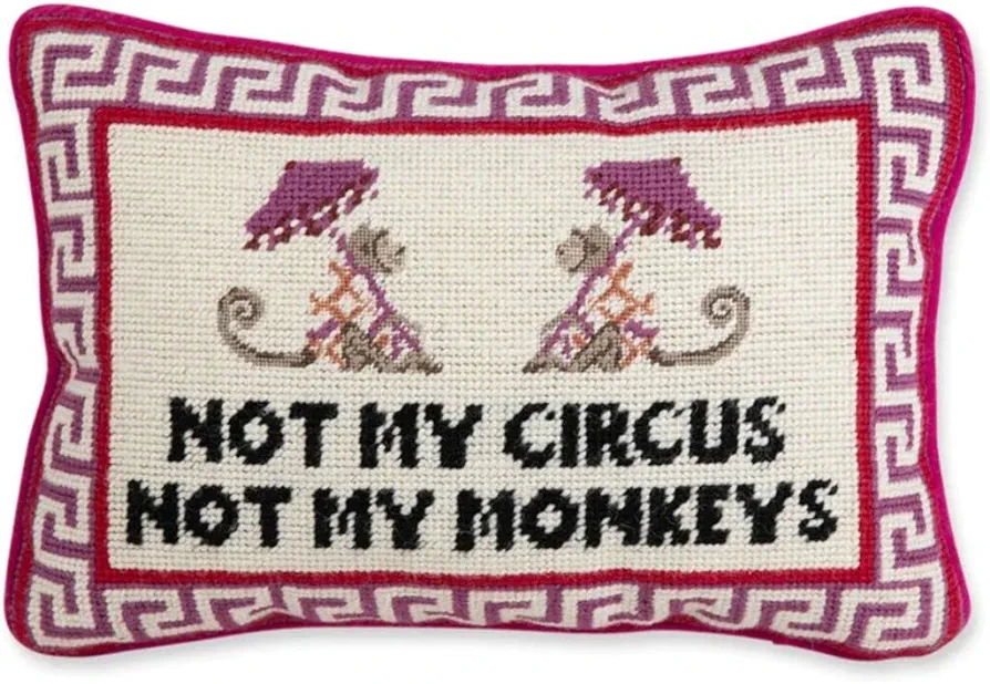 FURBISH Needlepoint Decorative Throw Pillow - Not My Circus Not My Monkeys, Small Embroidered Accent Pillow for Bed, Chair, Couch, Sofa, Handmade, Aesthetic Room Decor, 10" x 14"