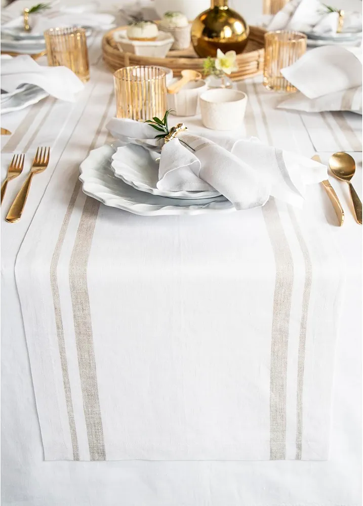 Solino Home Stripe Linen Table Runner 72 inches long – 100% Pure Linen Summer Natural and White Table Runner 14 x 72 Inch – French Stripe, Machine Washable Farmhouse Table Runner