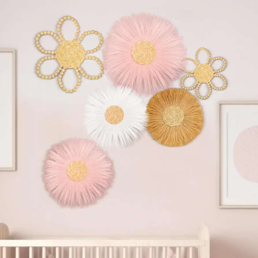 Soaoo 6 Pcs Boho Nursery Decor for Girl Daisy Flower Woven Macrame Wall Hanging Bohemian Nursery Home Wall Decor Nursery Wall Decor Flowers for Baby Girls Kids Nursery Dorm Decor (Pink, White, Beige)