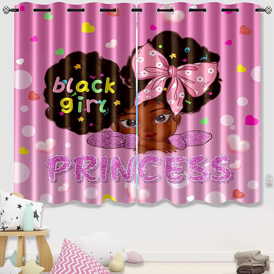 African American Girl Curtains Black Girl Curtains Room Decor Blackout Window Drapes Pink Princess Curtains for Girls Bedroom Kids Curtains 2 Panel Sets, 82''×63''