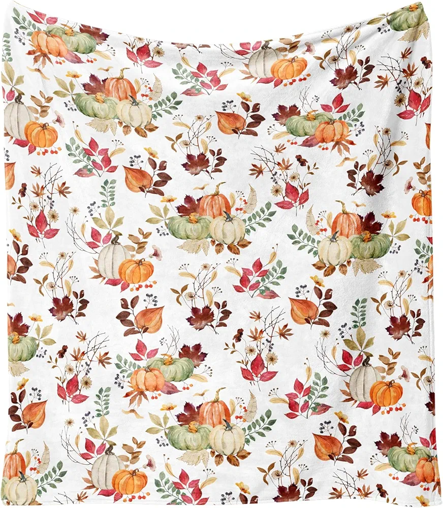 Fall Thanksgiving Blankets,Pumpkin Maple Leaf Flower Farmhouse Blanket Throw,Thanksgiving Fall Flannel Fleece Throw Blanket for Home Living Room Couch Bed Chair or Dorm Decor 60"x50"